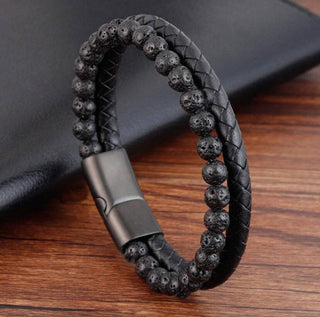 Leather Beads Bracelets for Men,Natural Tiger Eye Lava Rock Bracelet Multi-Layer Braided Leather Bracelets for Men with Stainless Steel Magnetic Clasp Mens Leather Beaded Bracelets Jewelry Gift