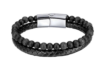 Leather Beads Bracelets for Men,Natural Tiger Eye Lava Rock Bracelet Multi-Layer Braided Leather Bracelets for Men with Stainless Steel Magnetic Clasp Mens Leather Beaded Bracelets Jewelry Gift