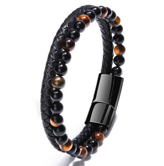 Leather Beads Bracelets for Men,Natural Tiger Eye Lava Rock Bracelet Multi-Layer Braided Leather Bracelets for Men with Stainless Steel Magnetic Clasp Mens Leather Beaded Bracelets Jewelry Gift