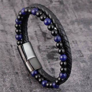 Leather Beads Bracelets for Men,Natural Tiger Eye Lava Rock Bracelet Multi-Layer Braided Leather Bracelets for Men with Stainless Steel Magnetic Clasp Mens Leather Beaded Bracelets Jewelry Gift