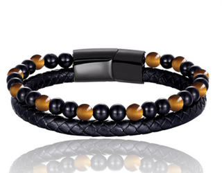 Leather Beads Bracelets for Men,Natural Tiger Eye Lava Rock Bracelet Multi-Layer Braided Leather Bracelets for Men with Stainless Steel Magnetic Clasp Mens Leather Beaded Bracelets Jewelry Gift