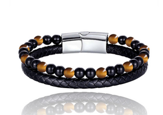 Leather Beads Bracelets for Men,Natural Tiger Eye Lava Rock Bracelet Multi-Layer Braided Leather Bracelets for Men with Stainless Steel Magnetic Clasp Mens Leather Beaded Bracelets Jewelry Gift